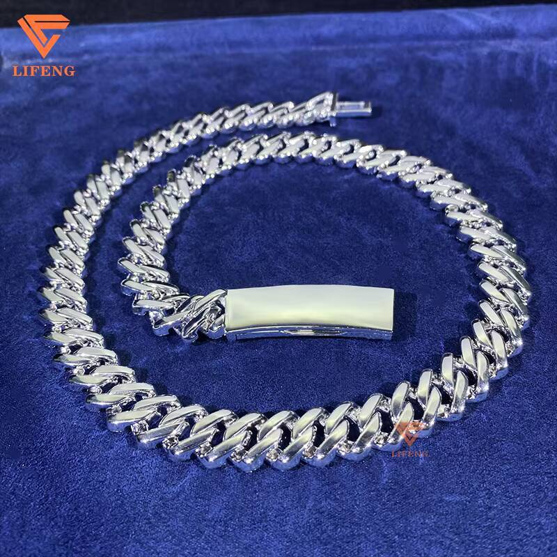 Custom Clasp Letter Fashion 925 Sterling Silver Cuban Link Chain 14mm Baguette Cut Moissanite White Gold Necklace