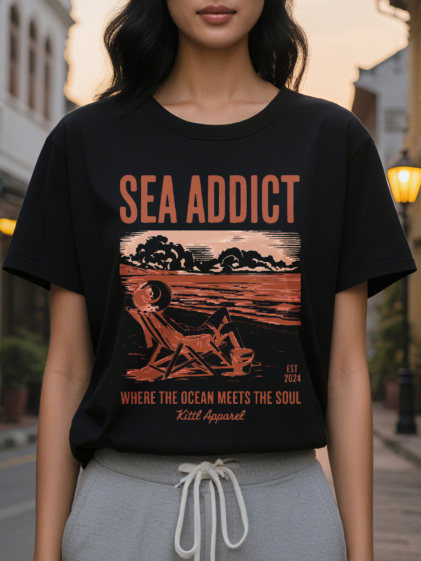 Ladies Elegant Beach T-Shirt White Coastal Pattern Short Sleeve Shirt Sea Addict Ocean Addiction Slogan Summer Vacation