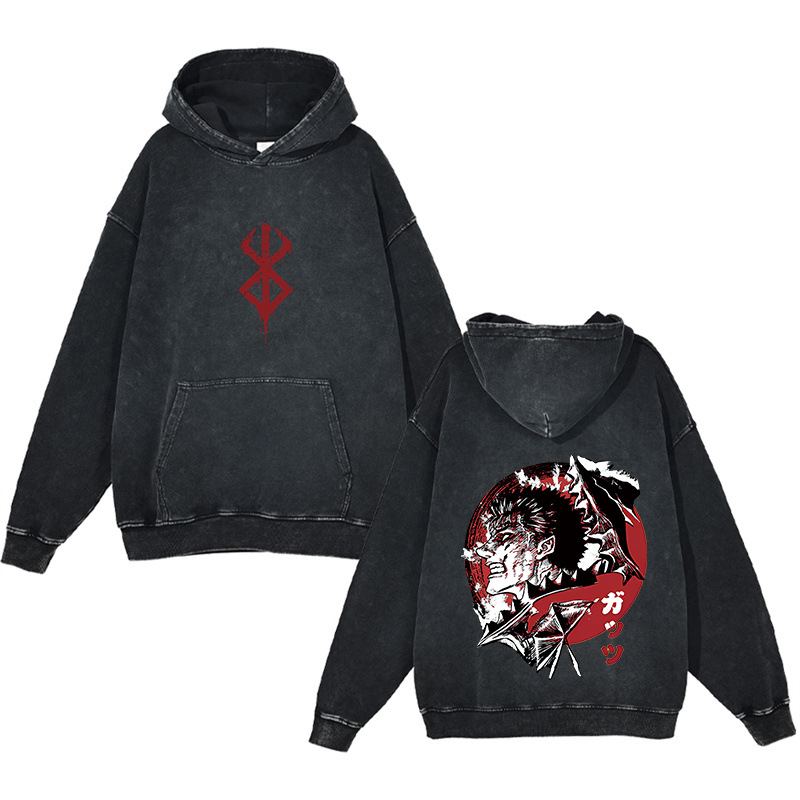 Heavyweight Cotton Washed Vintage Finish Berserk Anime Street Retro Hoodie - TT8313