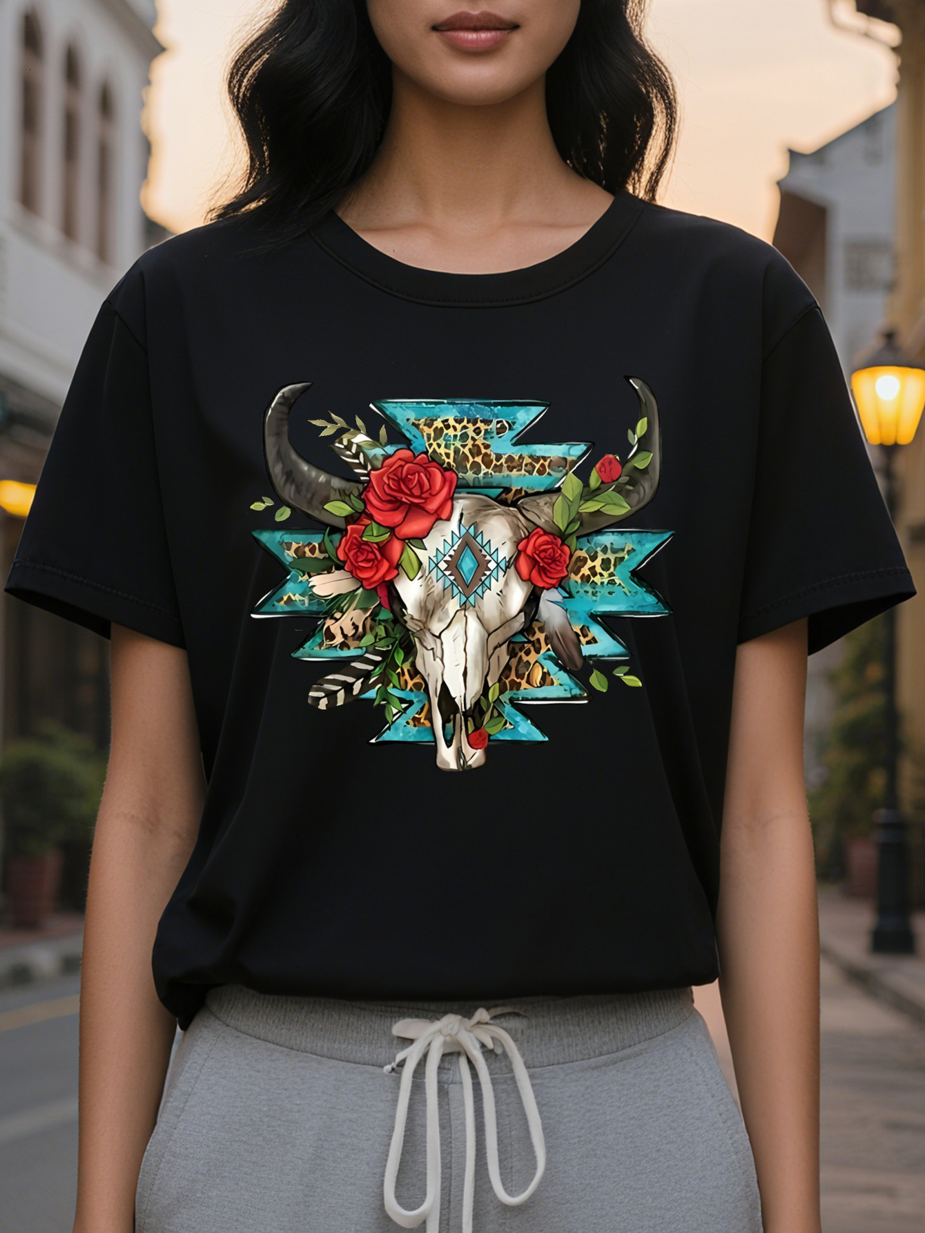 Women s Western Style Short Sleeve T Shirt Black Round Neck Casual Top Skull Rose and Feather Design, washable