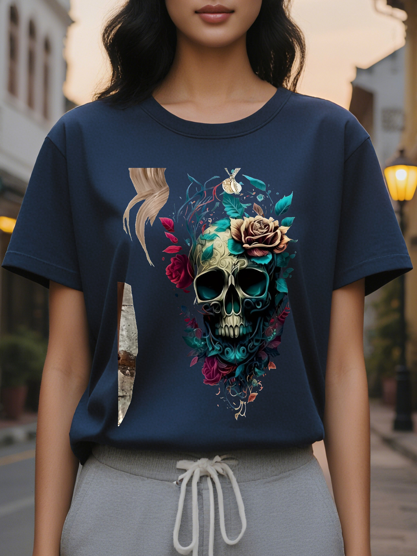 Women's casual round neck T-shirt with floral skull print, cotton knitted fabric, regular length, all-season top