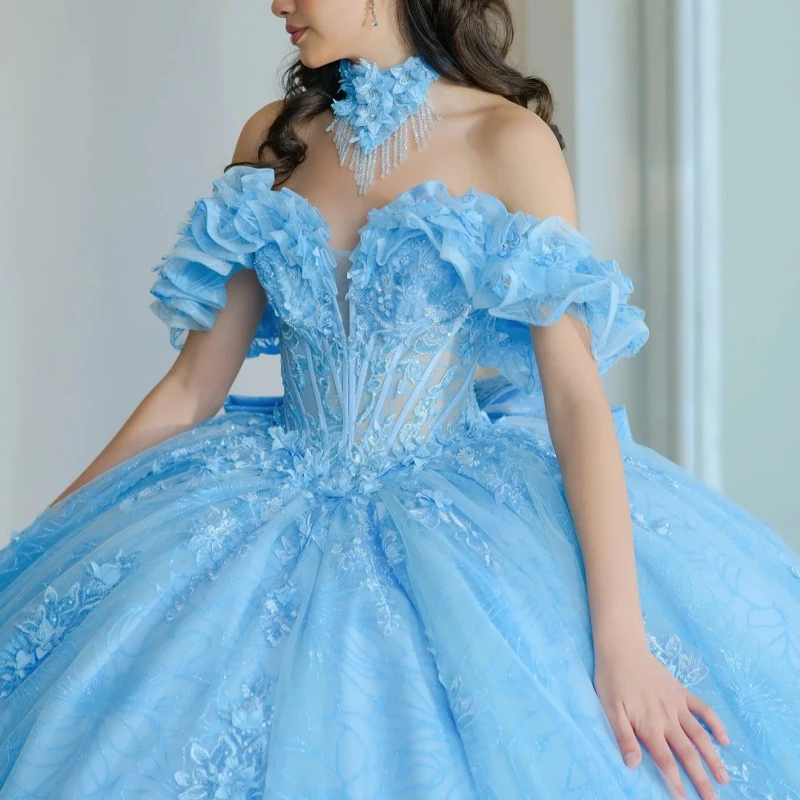 Sky Blue Quinceanera Dresses Ball Gown Off The Shoulder Applique Lace Beading Crystal Bow Tull Sweet 16 Dress Vestidos 15 De Anos