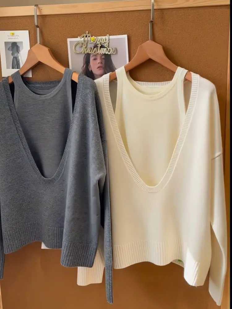 V Neck Fake Two Korean Fashion Sweater Jumper Sueter Mujer Long Sleeve Top Knitted Grey Pullover Pull Femme Cashmere Shirts M250904