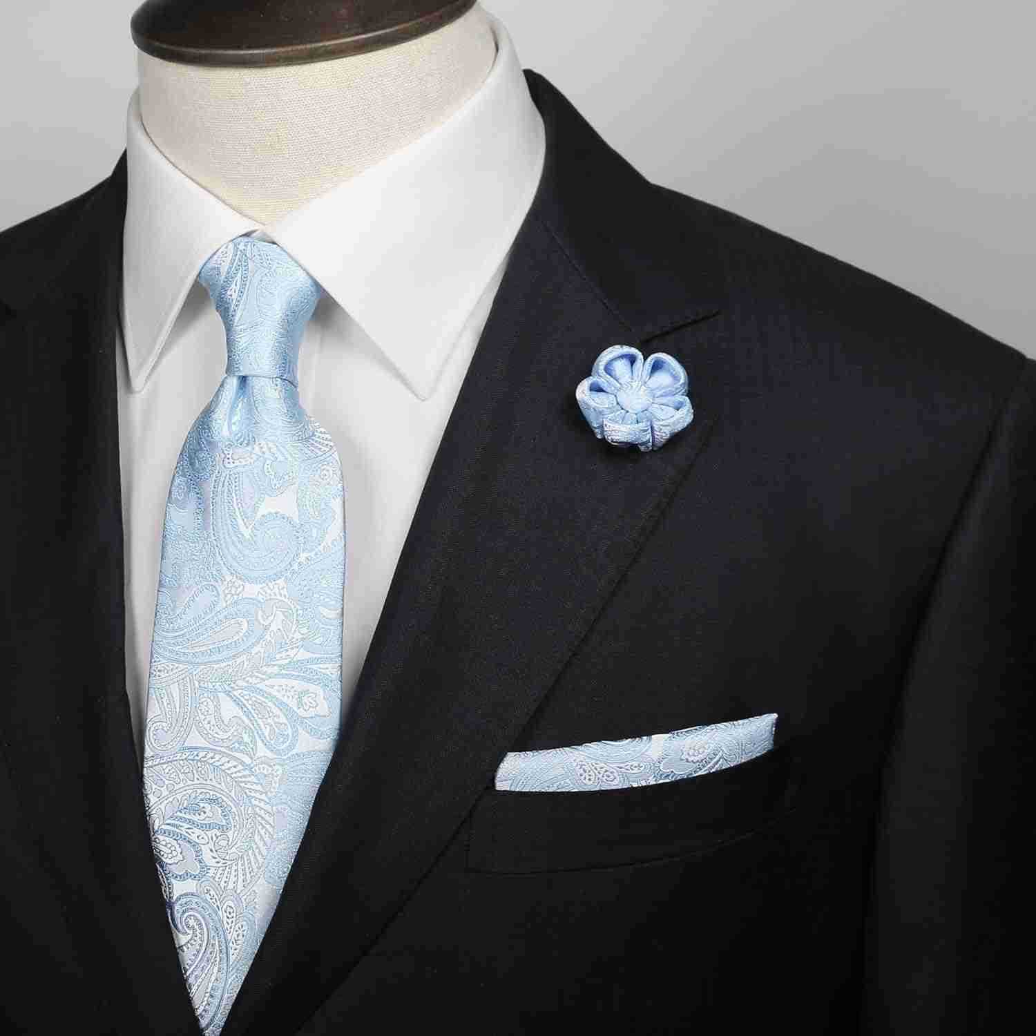 Tie Light Grey Ties for Men Paisley Neckties and Pocket Squares Set with Flower Lapel Pins for WeddingsW250904