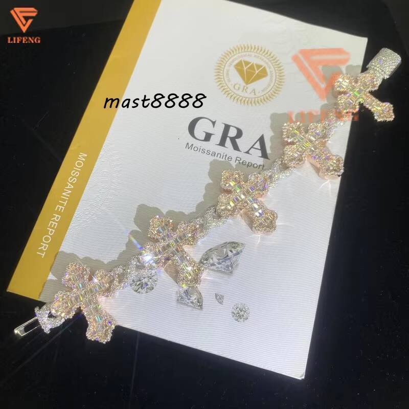 Lifeng Jewelry Iced Out Hip Hop Infinity Cuban Link Bracelet 925 Silver VVS Moissanite Cross Cuban Bracelet Baguette Cross Chain