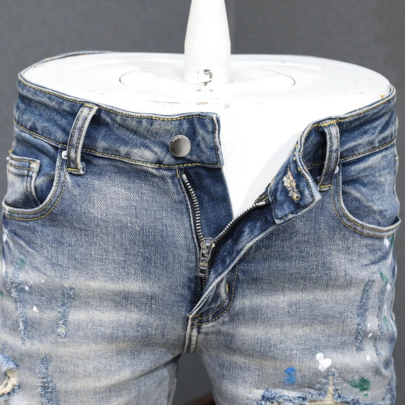 Y2KStreet fashion mens light blue jeans paint washed nostalgic perforated patch hiphop pants hombre 250823Z