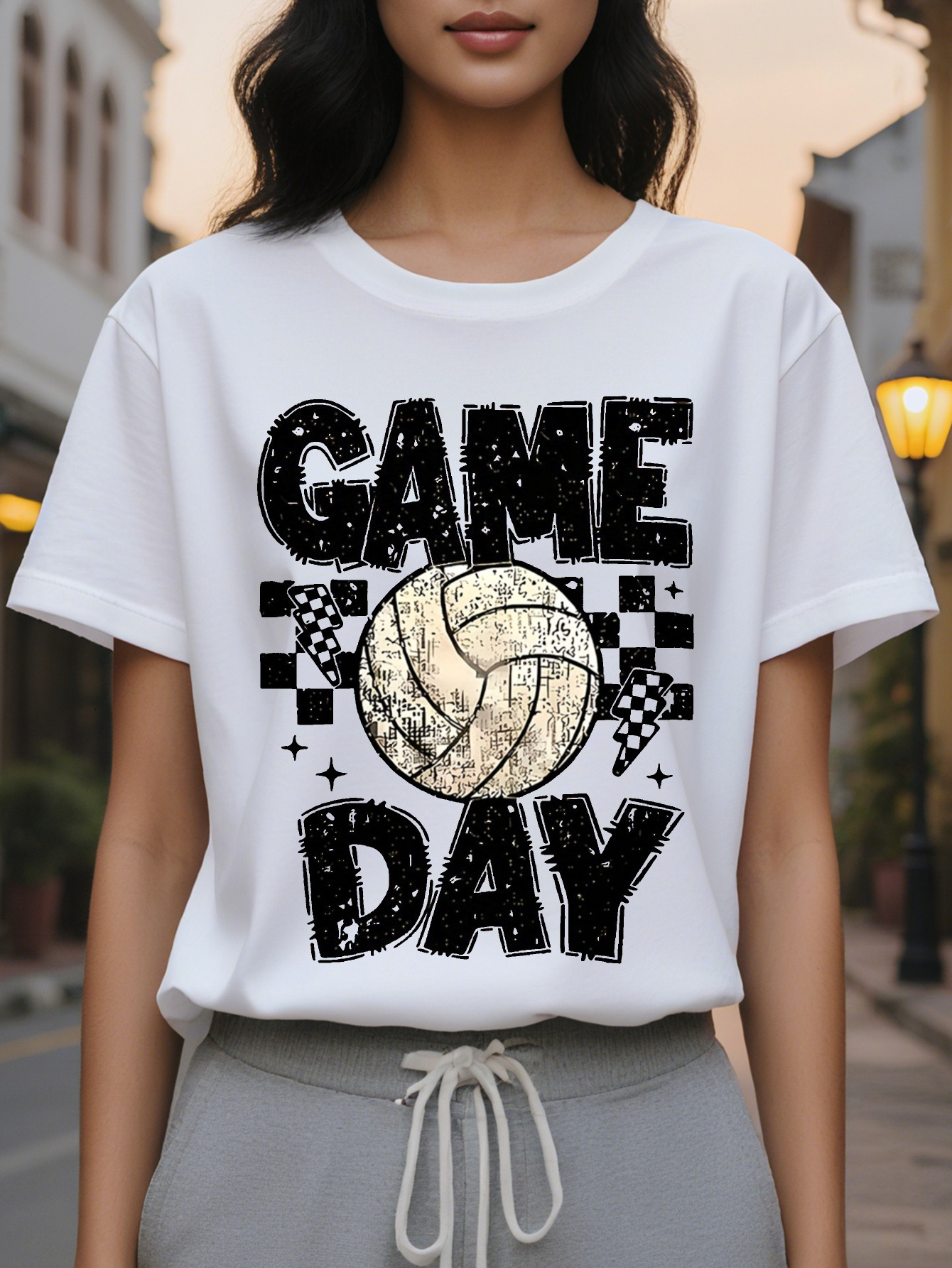 Match Day Women s T shirt Volleyball Plaid Printed Short Sleeve Spring and Leisure Loose Fit Washable Sportswear
