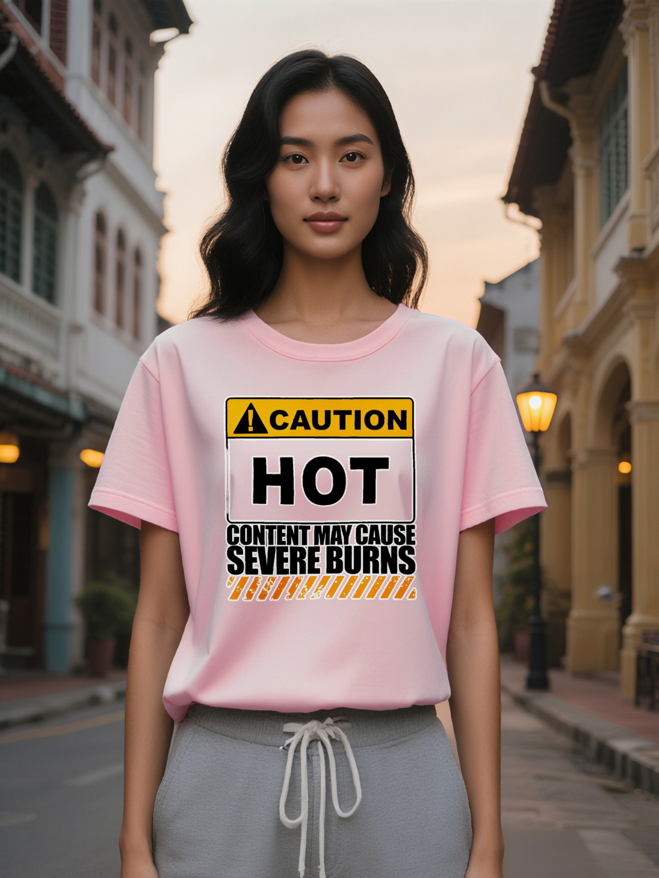 Large XL Women's Crew Neck T-Shirt with Orange Triangle Exclamation Print HOT Content May Cause Severe Burns Design Black Plus Size