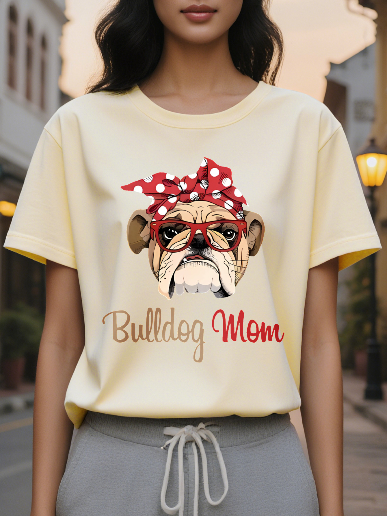Women S Casual Cotton T-Shirt Pug Bulldog Mom Graphic Crew Neck Short Sleeve Regular Fit SpringSummer Knit Fabric