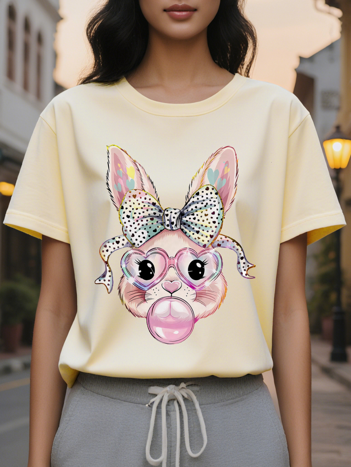 Women s Bubble Rabbit Easter Pattern Short Sleeve T Shirt Interesting Polka Dot Design with Glasses and Bow Breathable