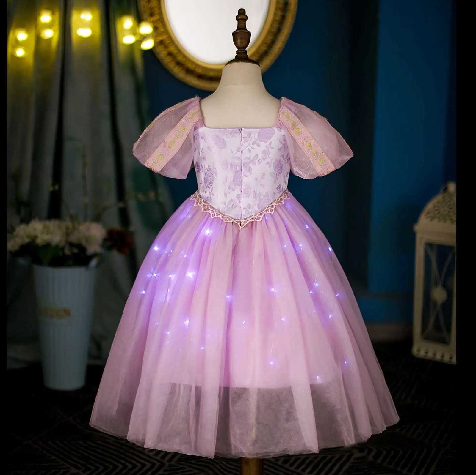 2025 Long Hair Princess Dress Rapunzel Girls Short Sleeve Summer Glowing Mesh Dress Childrens Day Dress Z250904