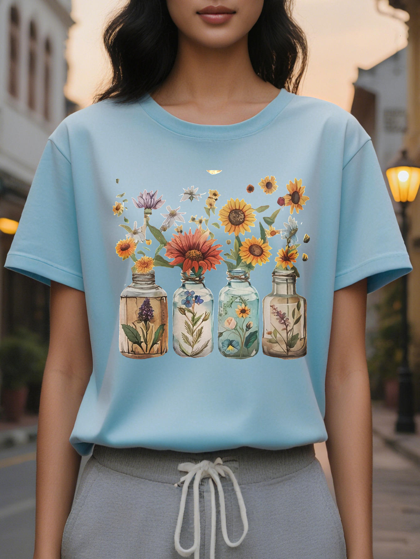 For Spring Summer Short Sleeve Floral Print Crew Neck T-Shirt Casual Women's Clothing