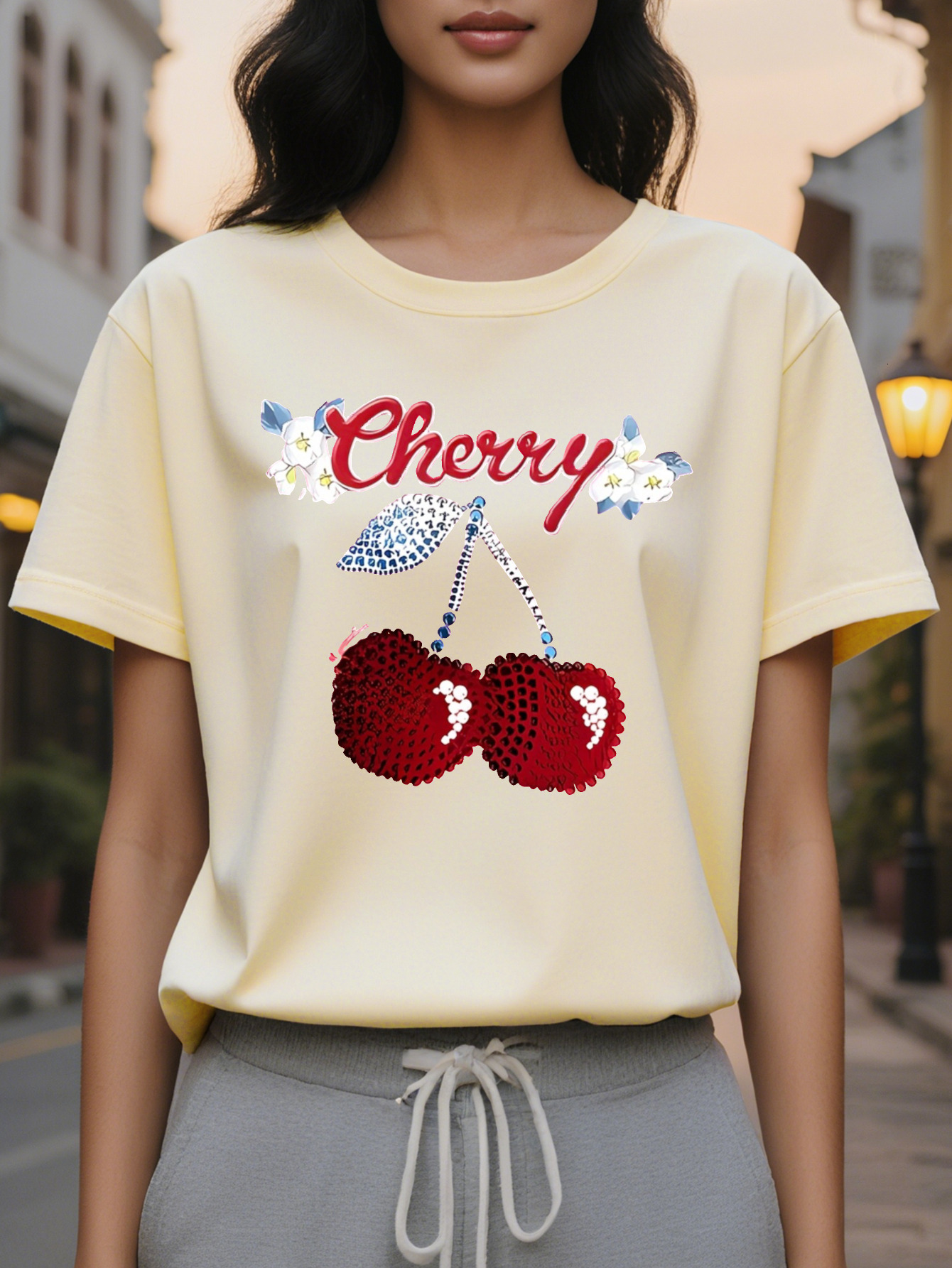 Cherry Personality Fashion Printed Round Neck Short Sleeve T-shirt Spring and Summer High-end Sense Slimming Women's