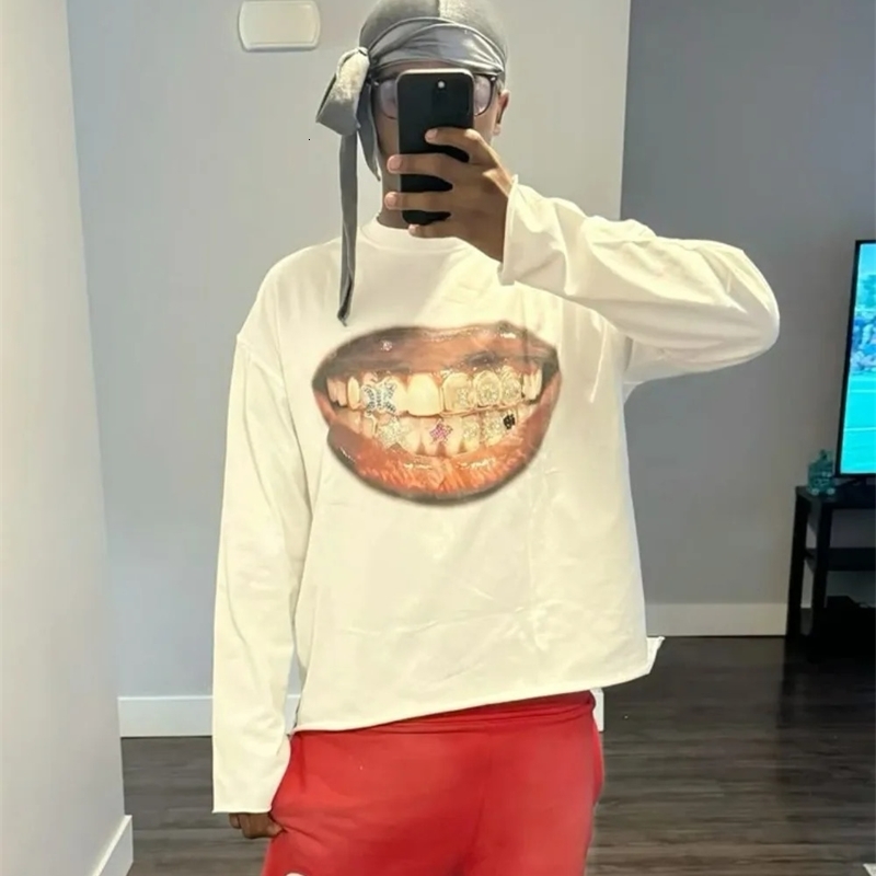 Hip Hop Street Long Sleeve Tooth T shirt Male Harajuku Retro Sports High Jersey Tops Men and Women 250903