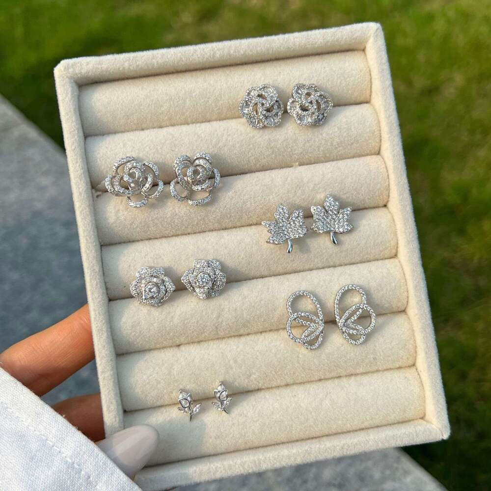 Korean Version New S Pure Sier Maple Leaf Butterfly Rose Flower Zircon Design Sense Niche Light Earrings for Women