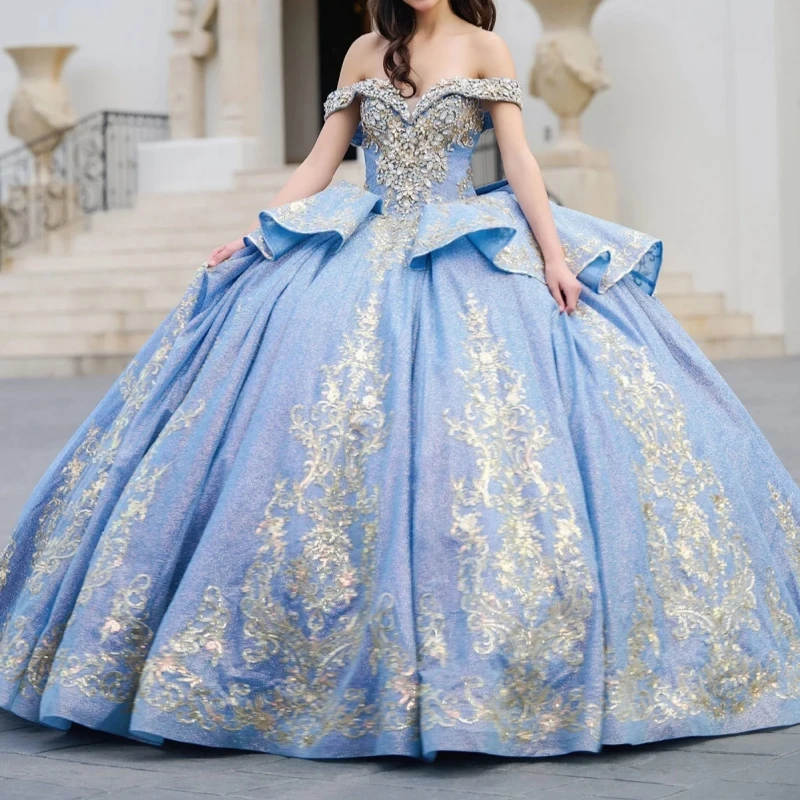 Sky Blue Shiny Quinceanera Dresses Ball Gown Off The Shoulder Applique Lace Beading Crystal Bow Tull Party Sweet 16 Dress Vestidos 15 De Anos