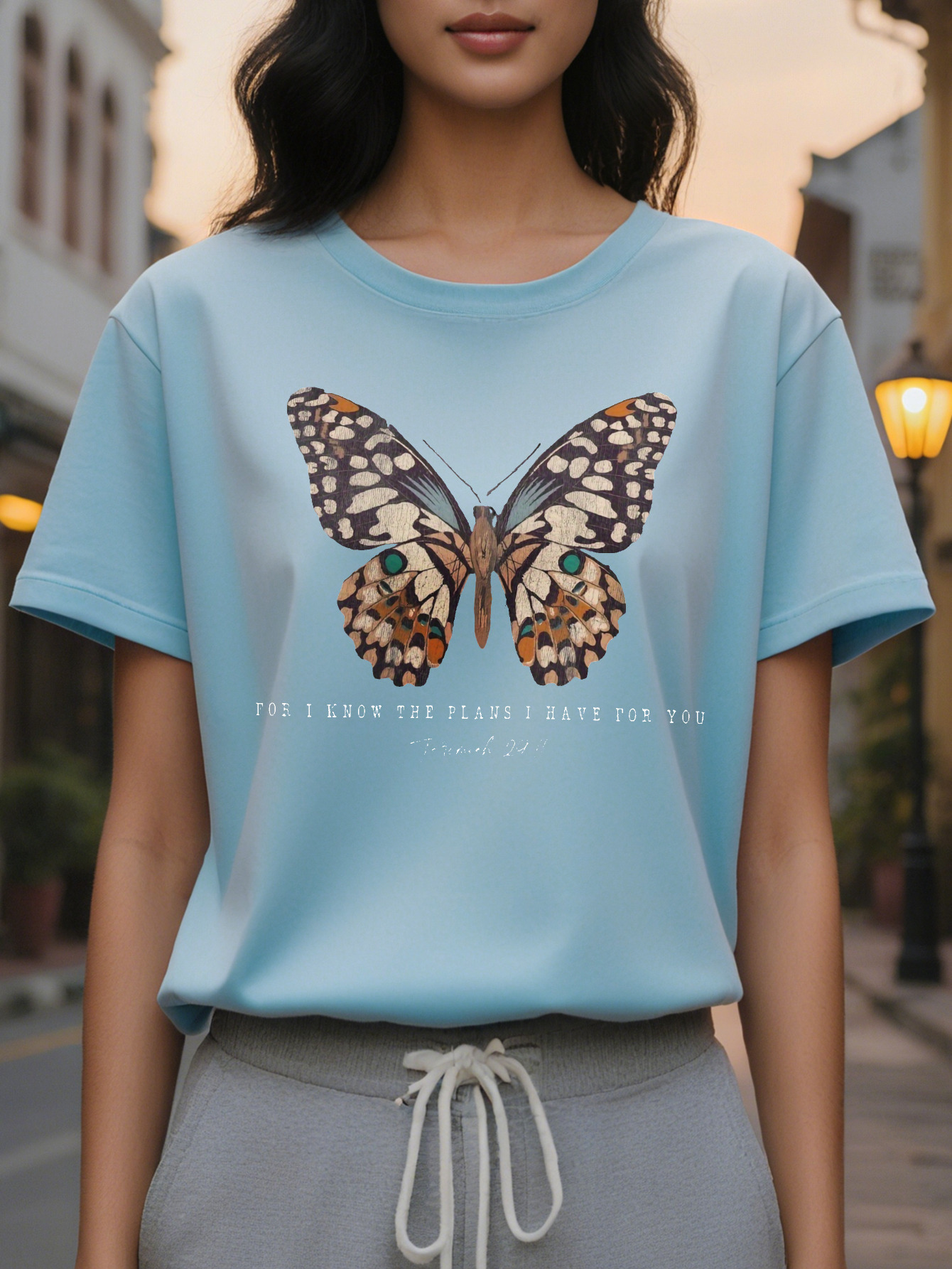 Vibrant Women's Casual Crew Neck T-Shirt Inspirational Butterfly Graphic Uplifting Scripture Verse Soft