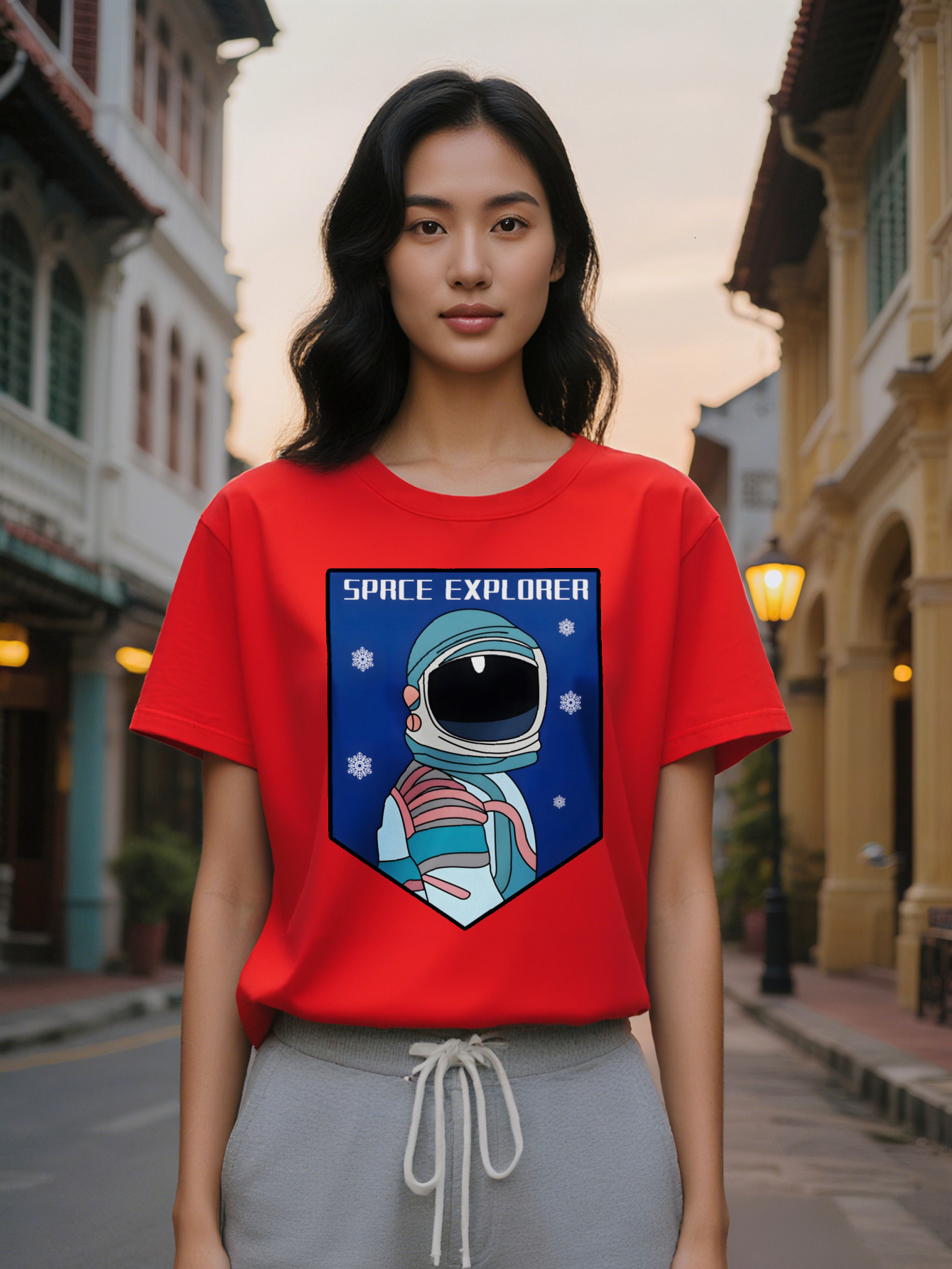 Large XL Women's Casual Graphic T-Shirt Explorer Astronaut Helmet Stars Print Black Round Neck Summer Tee Regular Fit Unique Plus Size