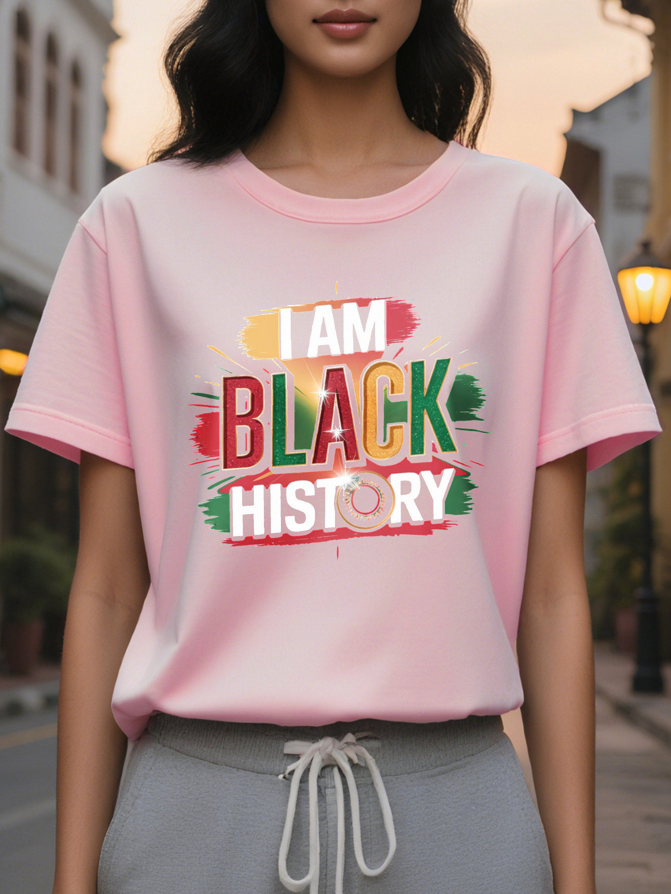 Women's T-shirt I Am Black History design short sleeve round neck casual top for spring summer bright and