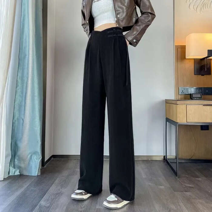 Meilade Autumn Winter New Chinese Style Buttoned Fleece Chenille Wide-Leg for Women High Waist Draped Straight Casual Pants