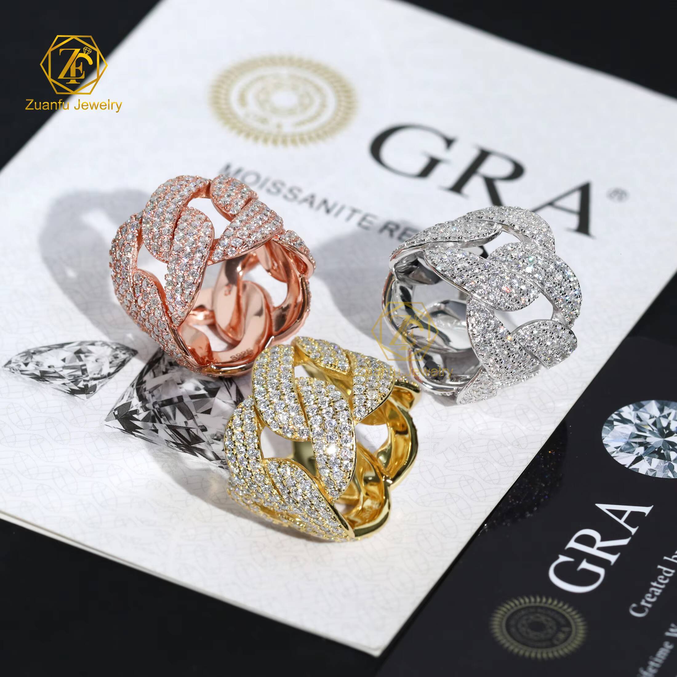 Wholesale Factory Price in Stock Moissanite Jewelry 925 Silver Iced Out 2 Row Diamond Cuban Rings Moissanite Hip Hop Ring