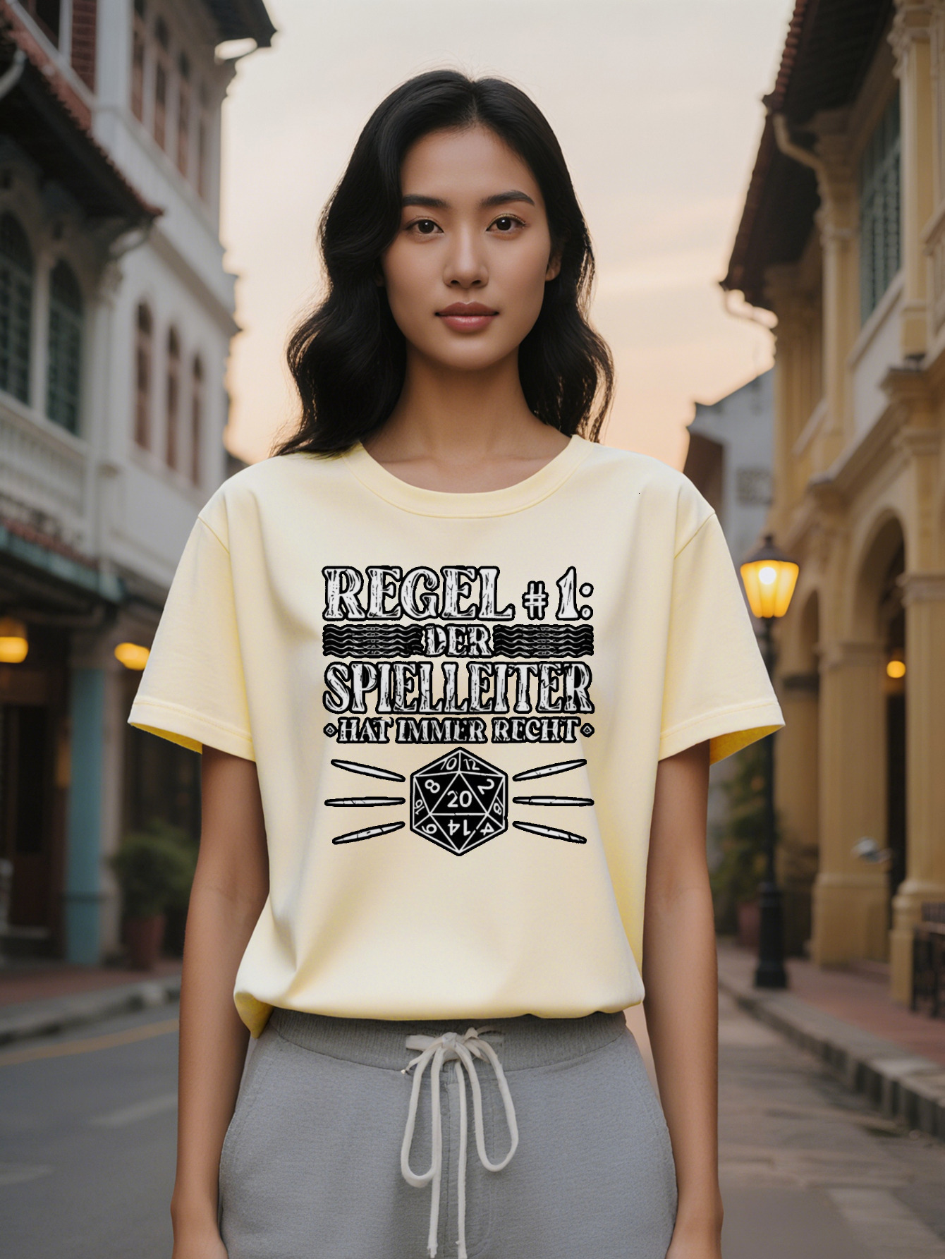 Large XL REGEN Lady Casual Graphic T-Shirt Black with White D Die German Text Print Round Neck Summer Tee Washable Plus Size