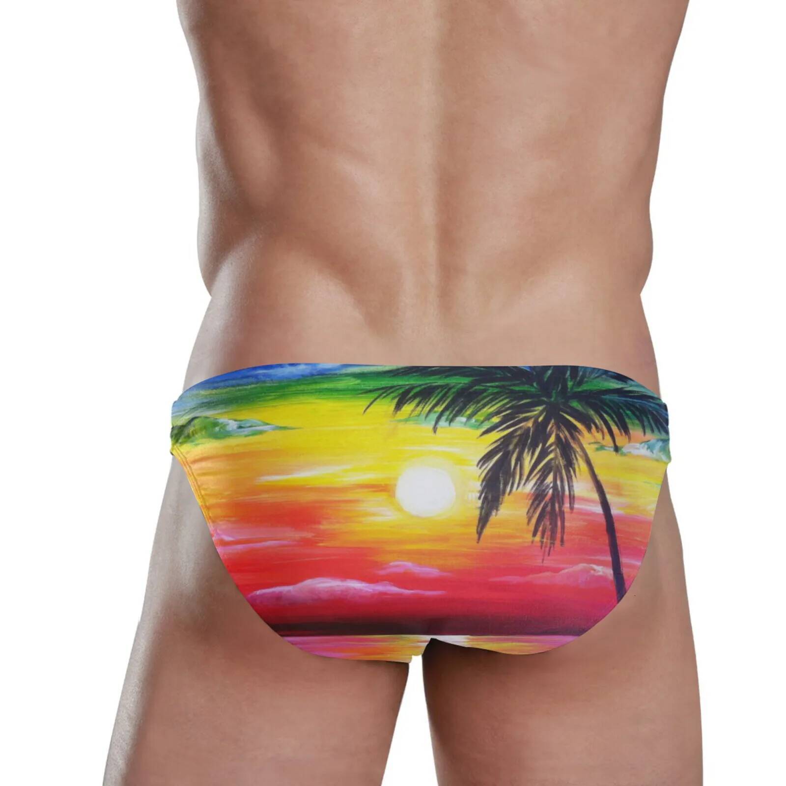 Sexy Men Swimwear Polyester Quick Dry Palm Tree at sunset Swimming Briefs Gay Low Waist Swimsuits Beach Pool Spa Bathing Panties