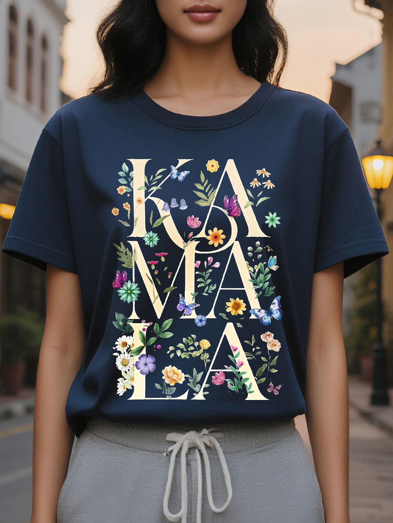 Women S KIMA Print T-Shirt Short Sleeve Crew Neck Cotton Gray with Colorful Flower Design Perfect for Spring