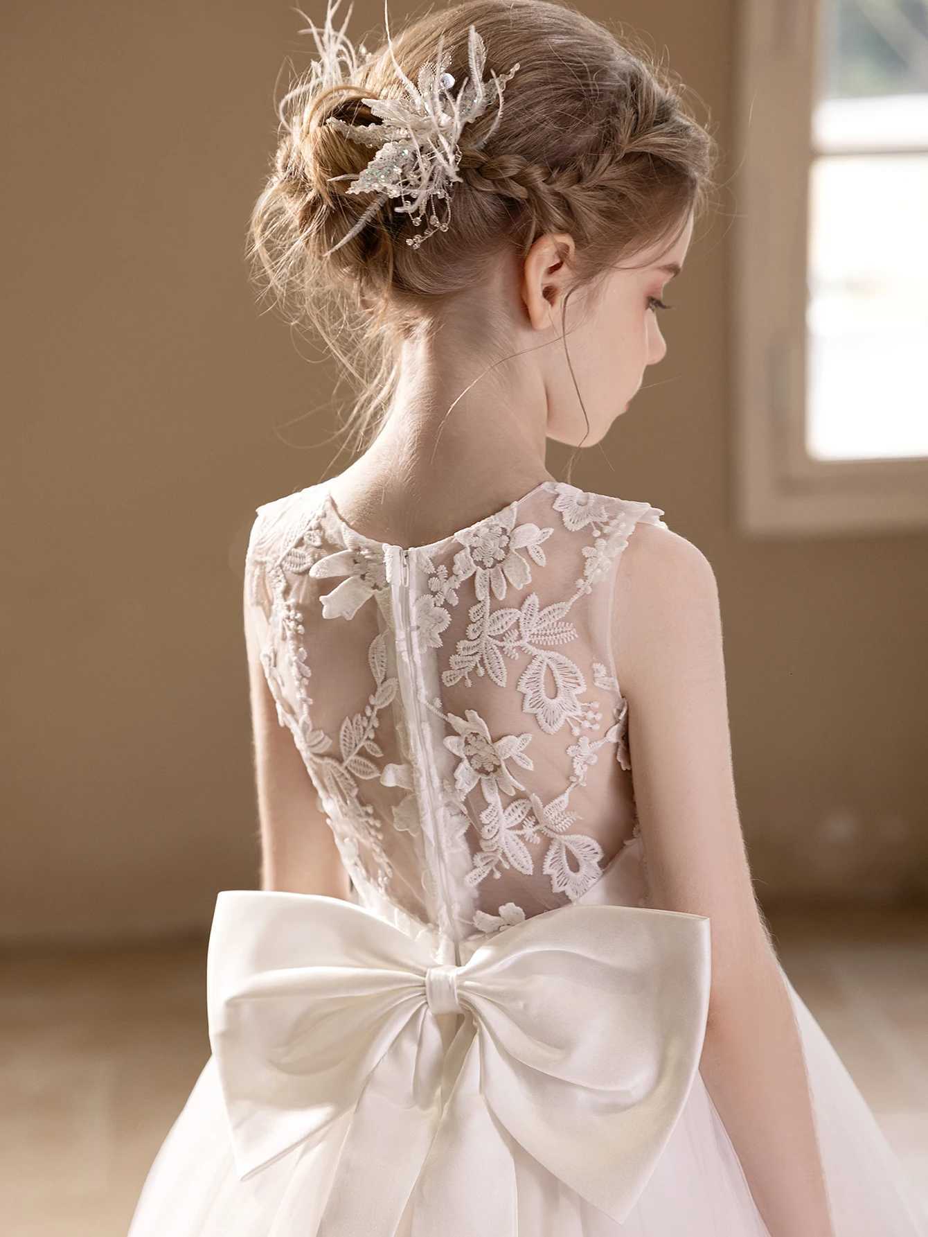 10 Girls White Wedding Gauze Dress Lace Embroidery Big Bow Evening Puffy Gauze Bridesmaid Dress Z250904