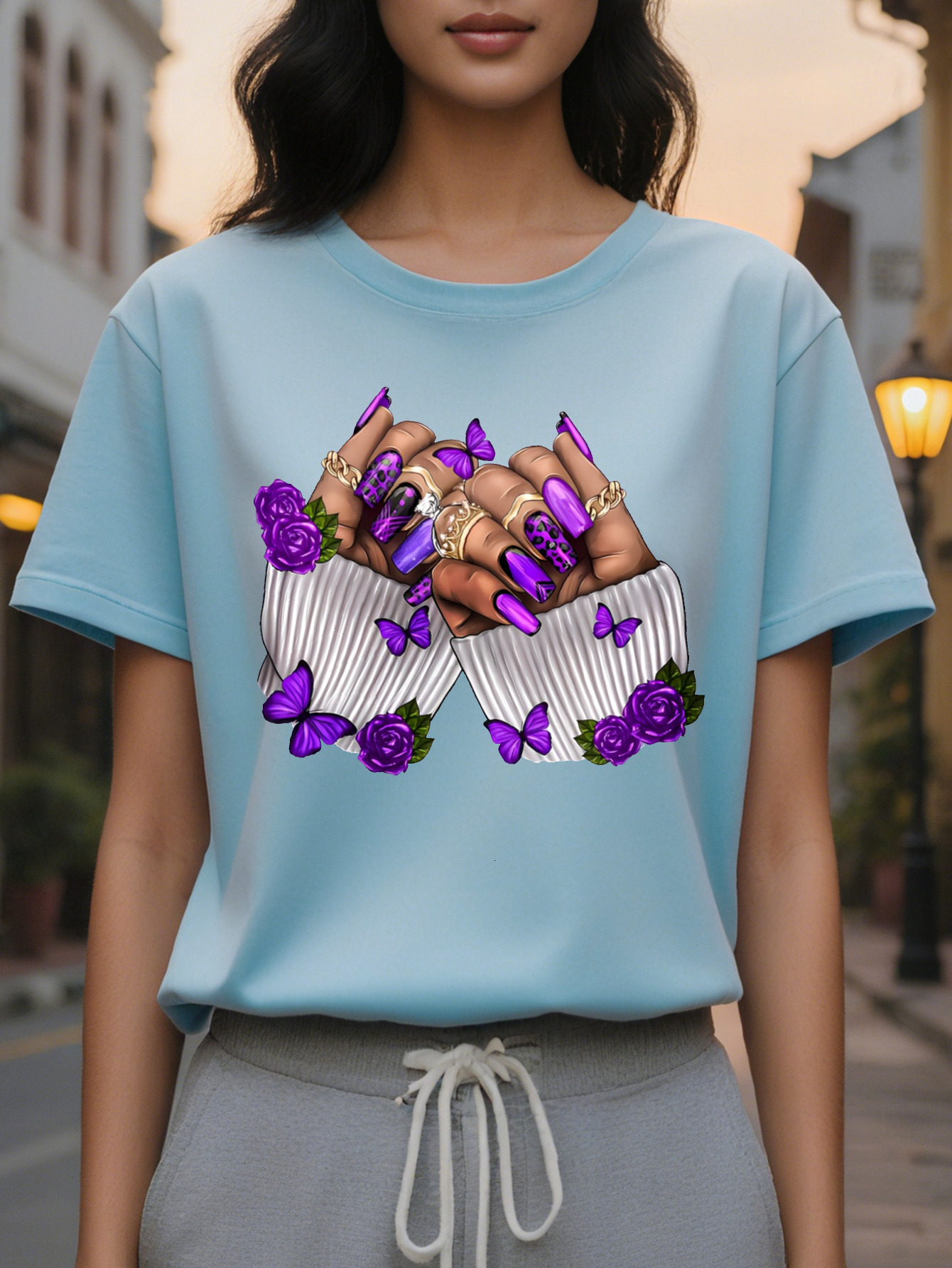 Large XL Women's Purple Butterfly Rose Nail Art Print Short Sleeve T-Shirt Casual Round Neck Summer Top Washable Plus Size