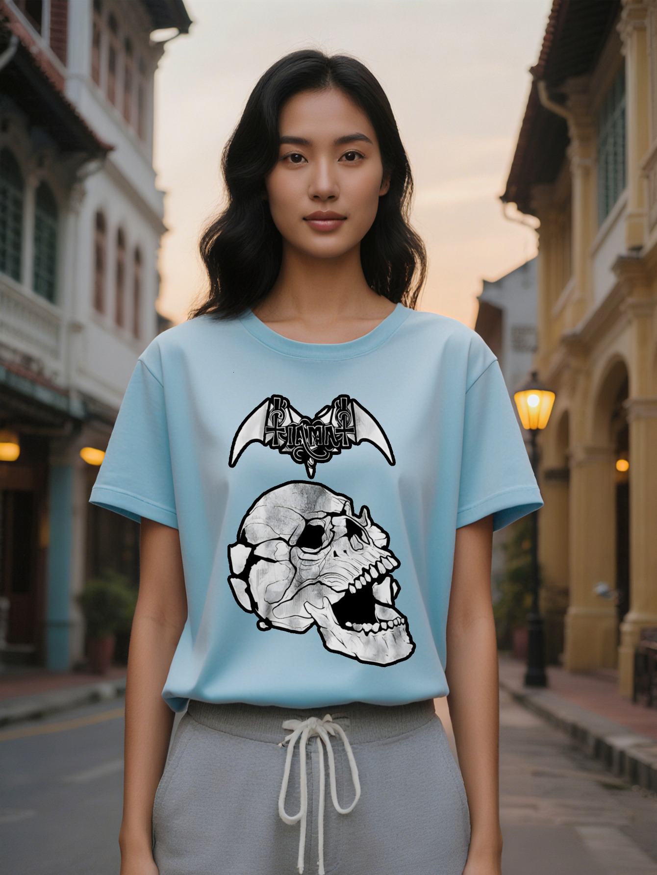 Large XL Lady Skull Bat Wing Graphic Print Casual T-Shirt Black Round Neck Summer Top Washable Regular Fit Tee for Plus Size