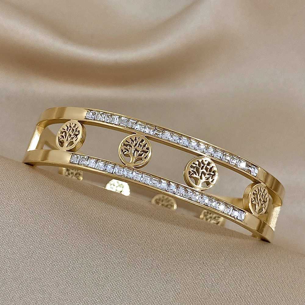Tree Of Life Stainless Steel Bangle Bracelet for Women Double Layer Inlaid Zircon Gold Color Cuff Bracelets Jewelry Gifts Y250904