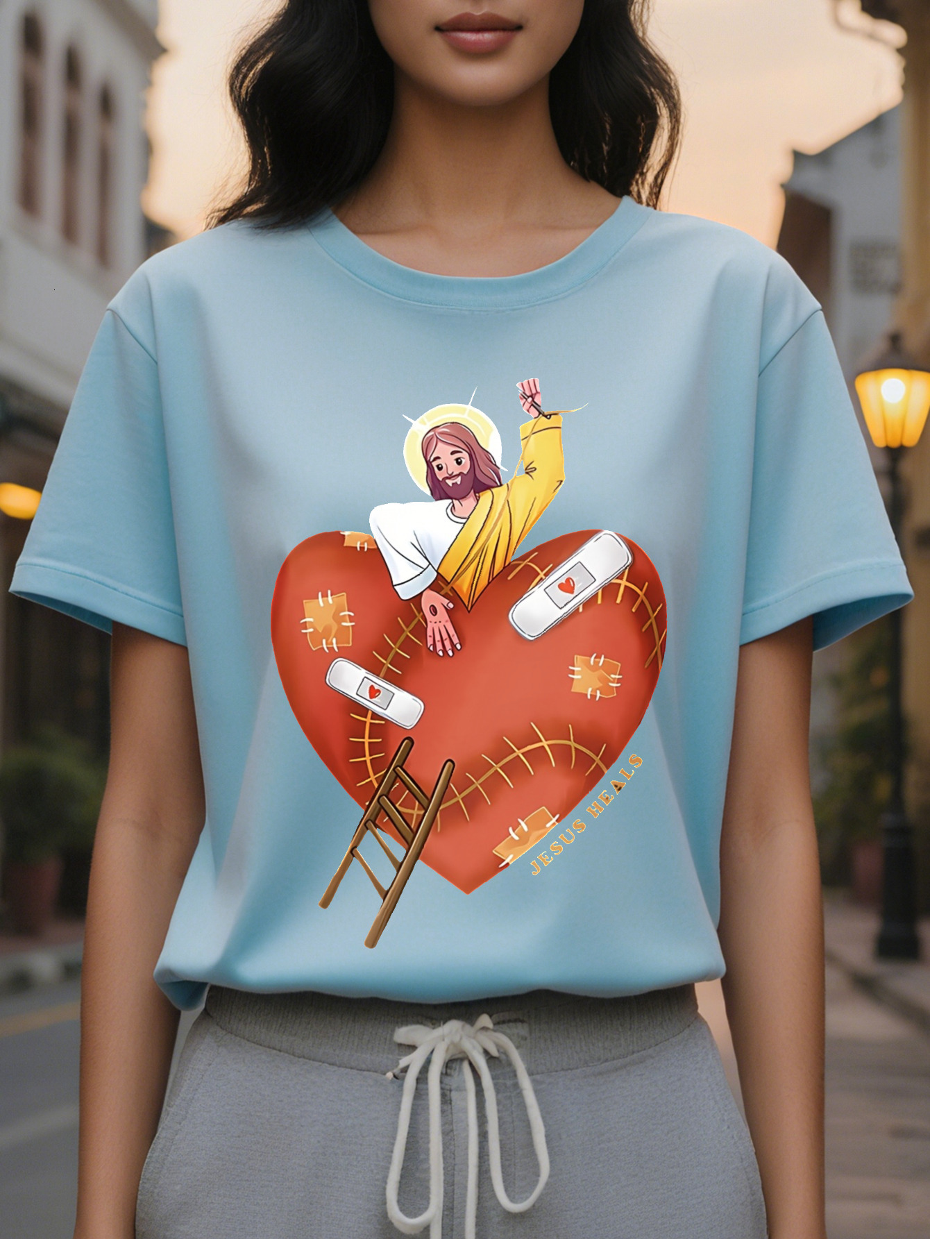 Large XL Jesus Heals My Heart Religious Faith Print Fashion Casual Short Sleeve SpringSummer Slim Fit Round Neck Women's Plus Size