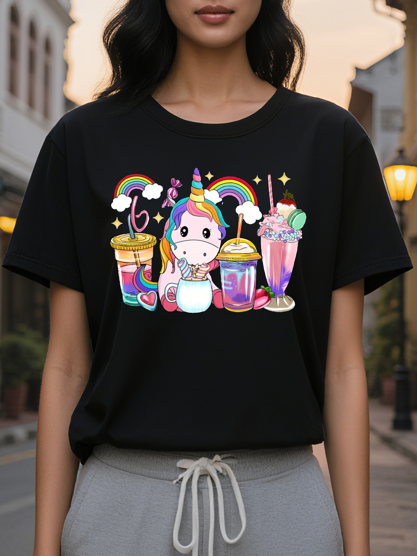 Large XL Vibrant Rainbow Unicorn Graphic Tee Soft Mid Elasticity Cotton Crew Neck Short Sleeve Top Women Perfect for Summer and Plus Size