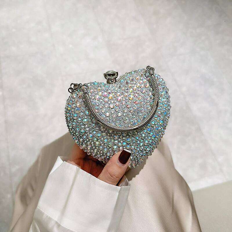 Dia Inlay Heart Shape Crystal Clutch Purse Stones Evening Wedding Party Shoulder Bag Handle Rhinestone Mini Handbags