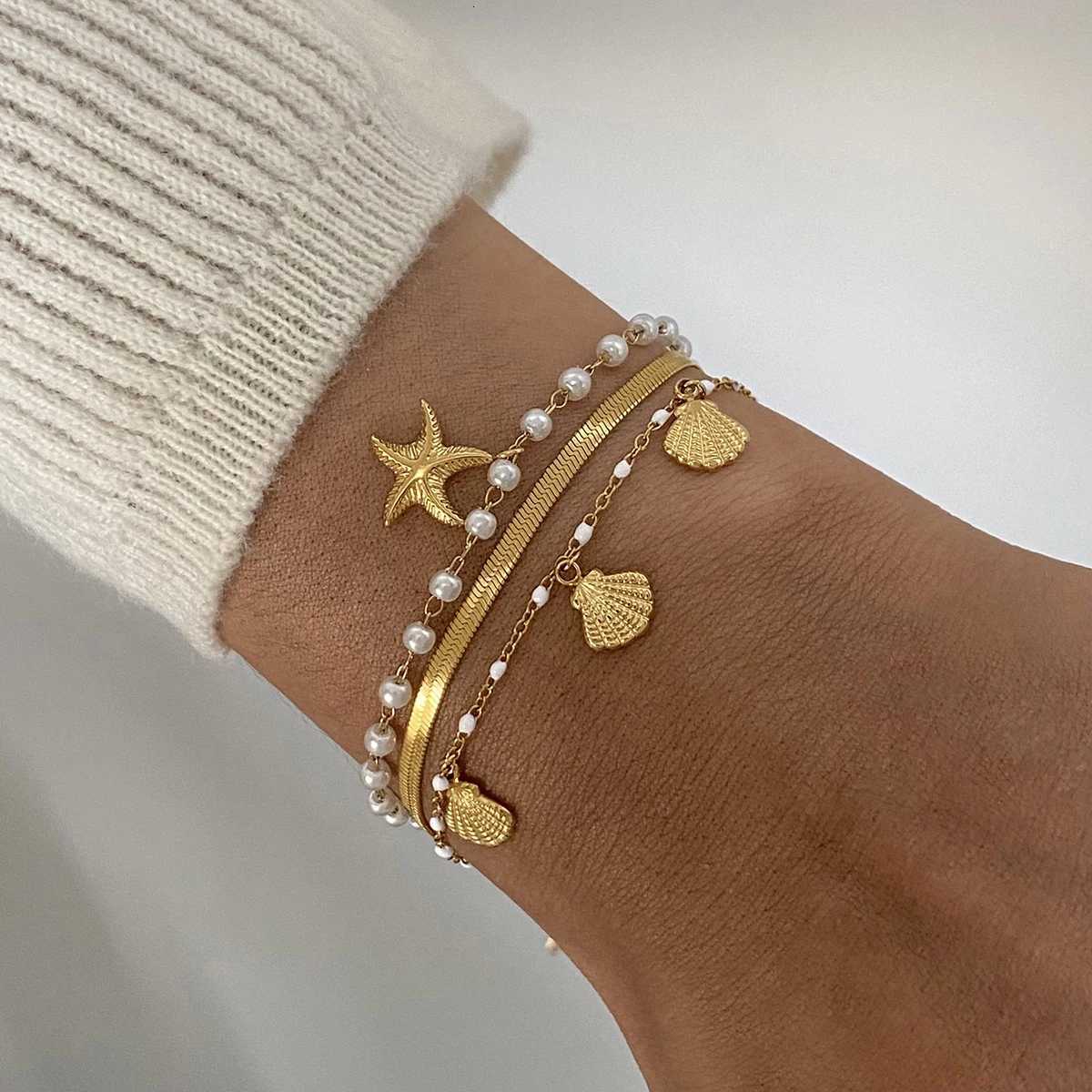 Yori Ocean Style Starfish Shell Three Layer Chain Bracelet 18K PVD Plated Summer Daily Jewelry Hypoallergenic for WomenXJ250904