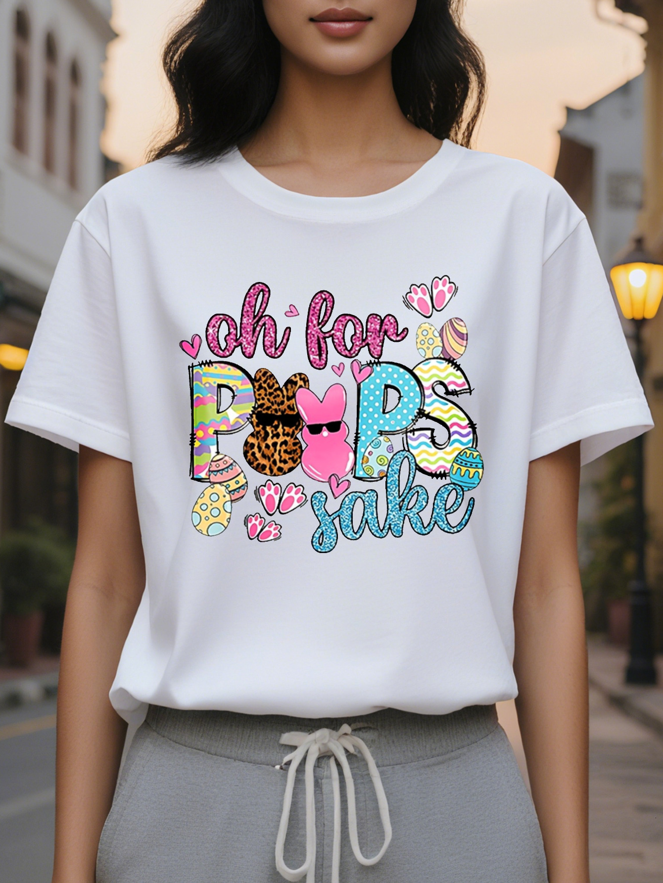 Happy Easter Peeps American Printed Pattern Spring and Summer New Fashion Round Neck T-shirt Slim Fit Slimming Women's