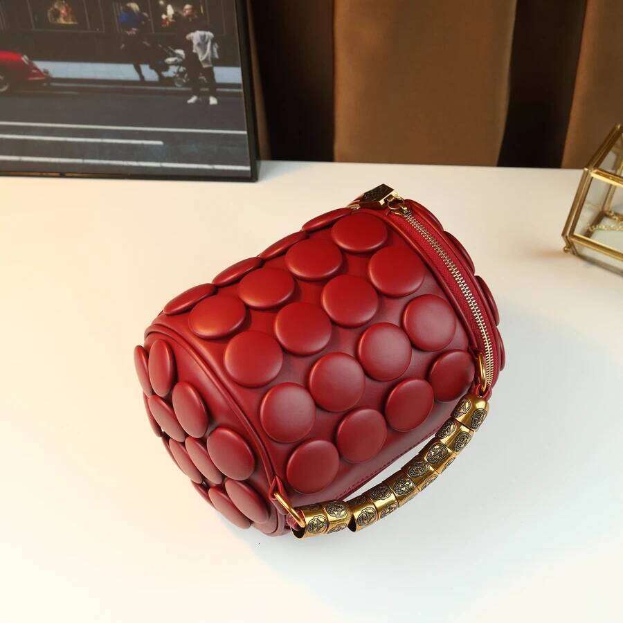 New Round Cylinder Women's Casual Versatile Single Shoulder Crossbody Bag Handmade Vintage Button Handbag