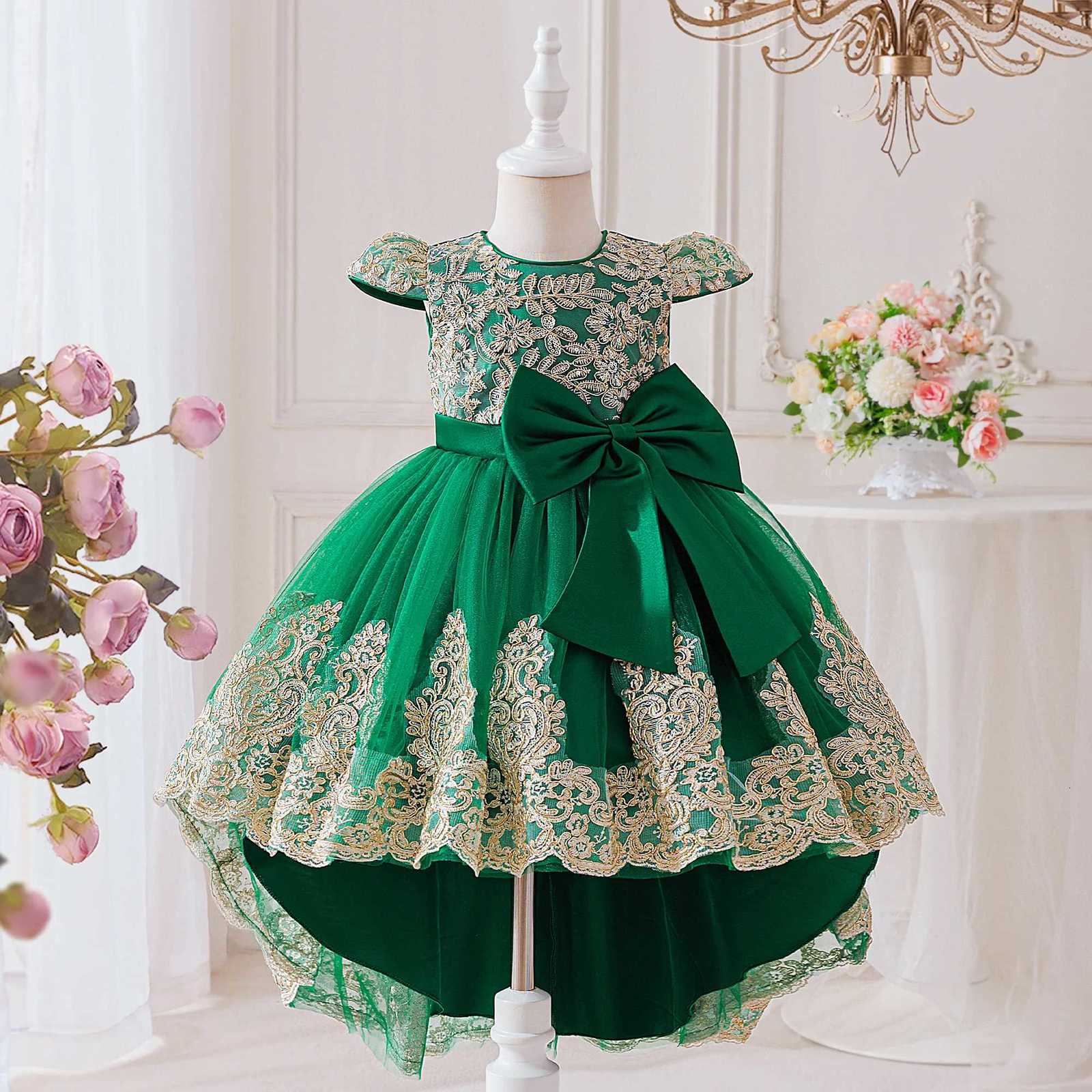 Elegant Embroidery Bow Bridesmaid Party Girls Dress with Trailing Flower Wedding Birthday Princess Dresses Girl Evening Prom Gowns Z250904