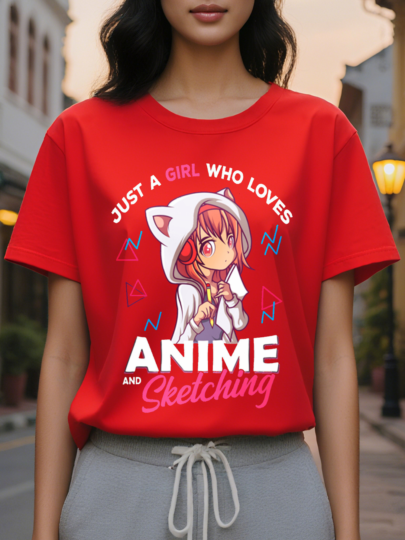 Large XL Short Sleeve Anime Print Crew Neck T-Shirt for Women Casual Spring Summer Clothing Plus Size