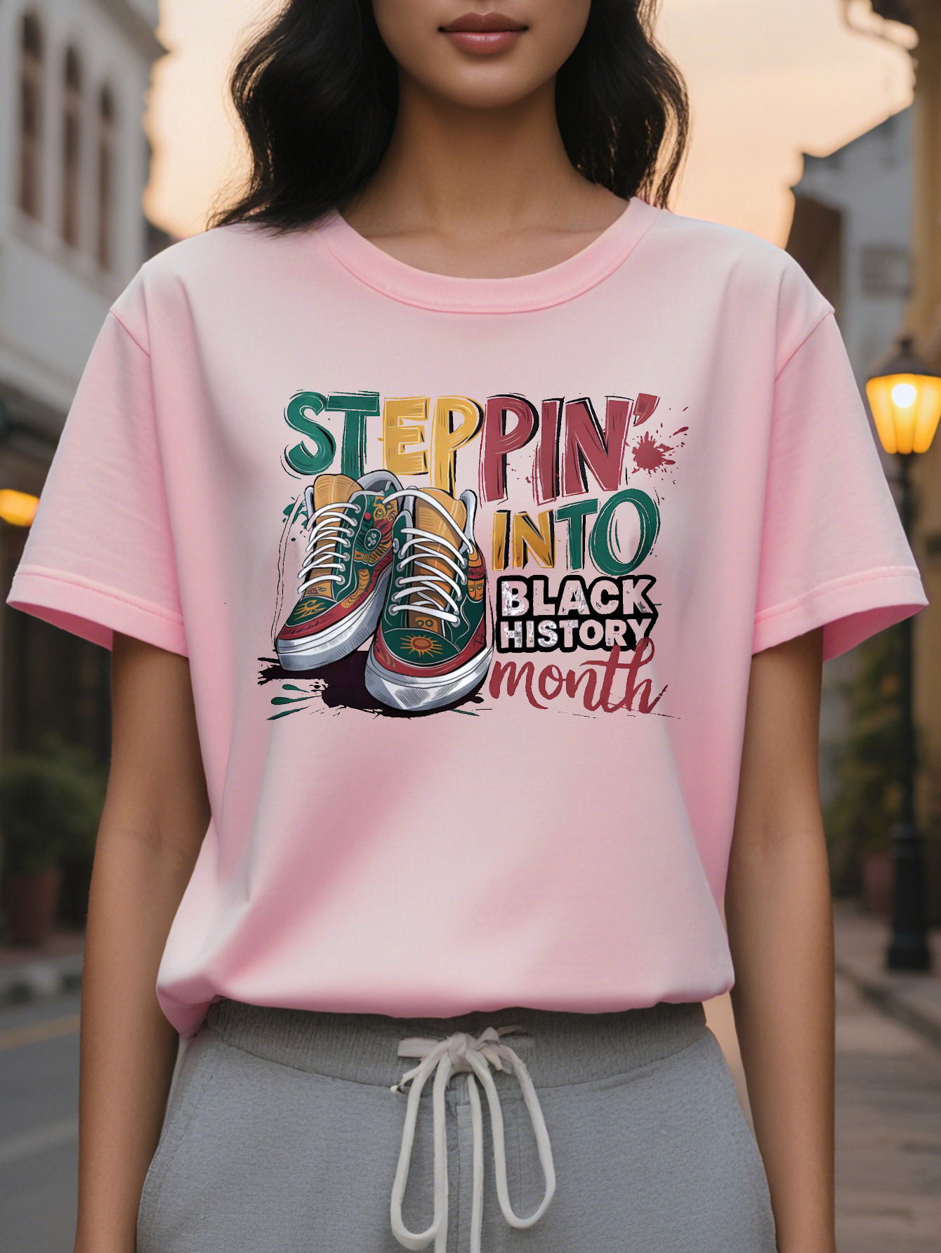 Ladies elegant round neck black history month pattern T-shirt, knitted fabric, short sleeve, casual top suitable for