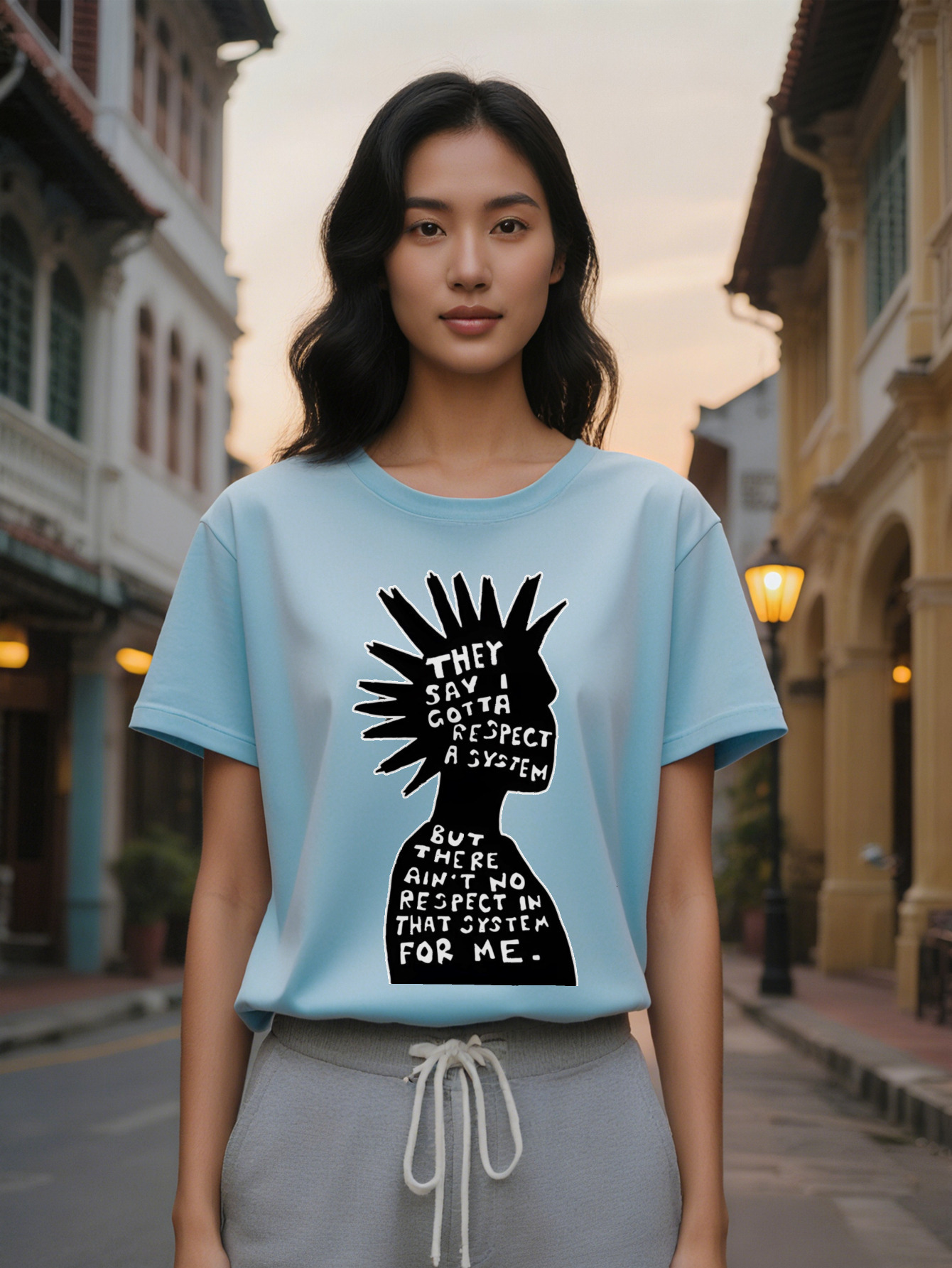 Large XL women's crew neck T-shirt with Silhouette Print They Say I Gotta a But There's No Respect in That System Me Plus size