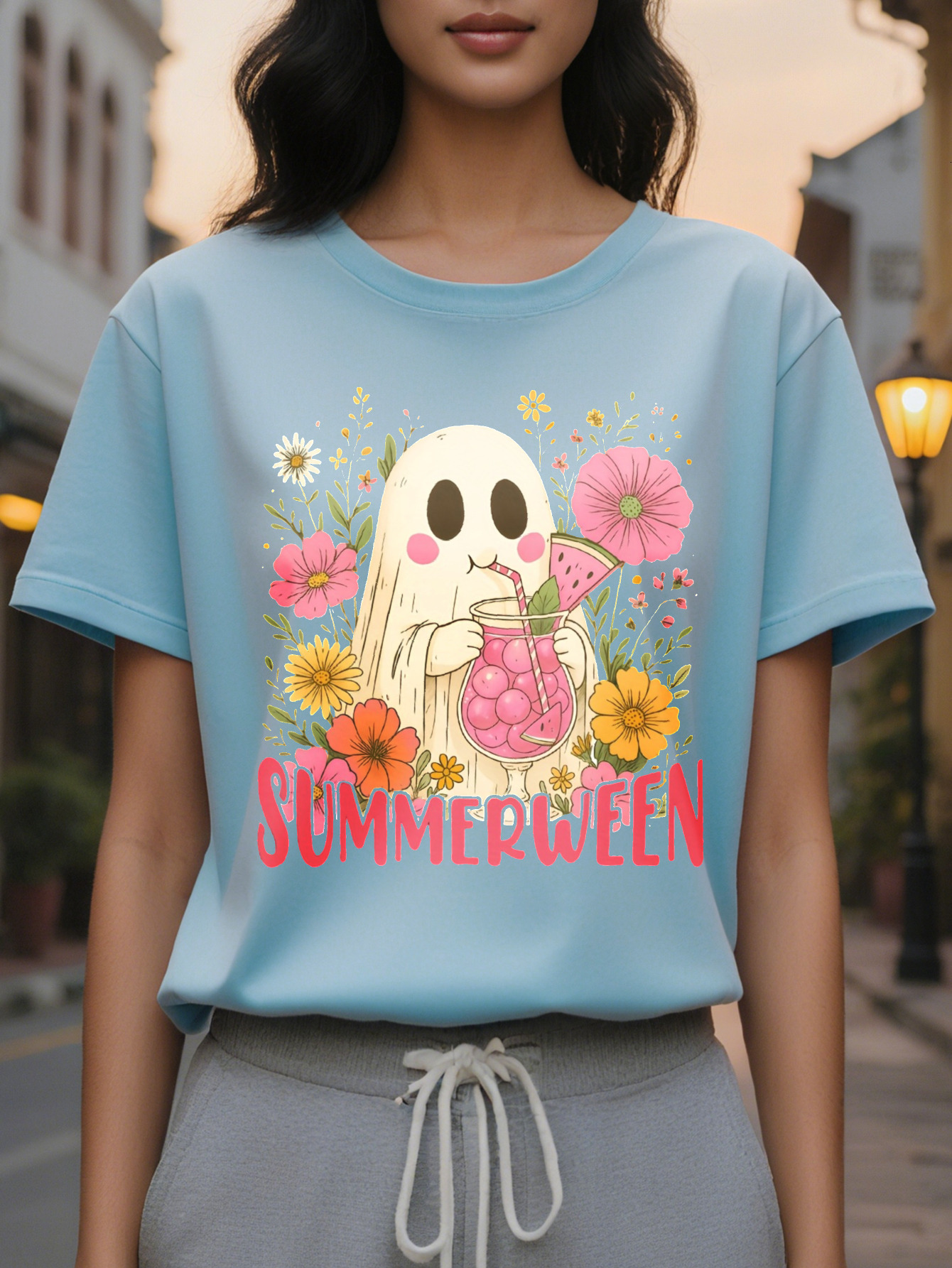 Large XL Women's Halloween Summerween Graphic T-Shirt Cute Floral Print Short Sleeve Round Neck Casual Tee Pink Black Summer Plus Size