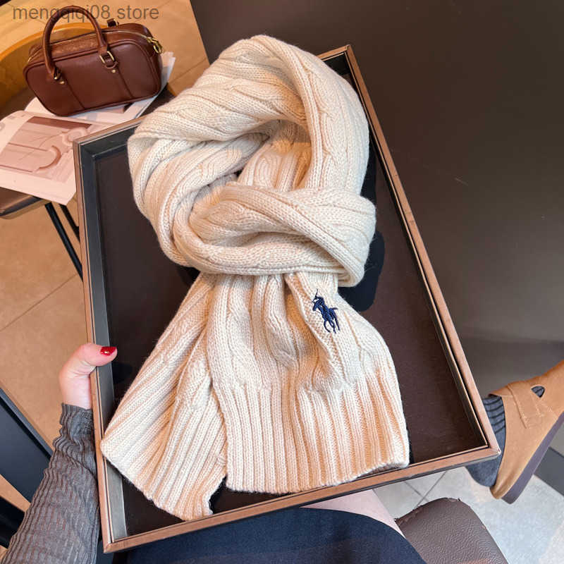 Pony Embroidery Autumn Winter Wool Blend Knitted Solid Color Scarf Unisex Winter Warm Neck Warmer Shawl L250904