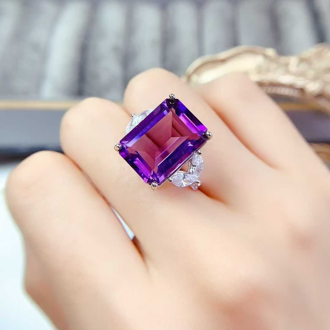 Real 925 silver ring natural amethyst jewelry with certificate 12mm * 16mm 12ct genuine amethyst ring birthday gift for women