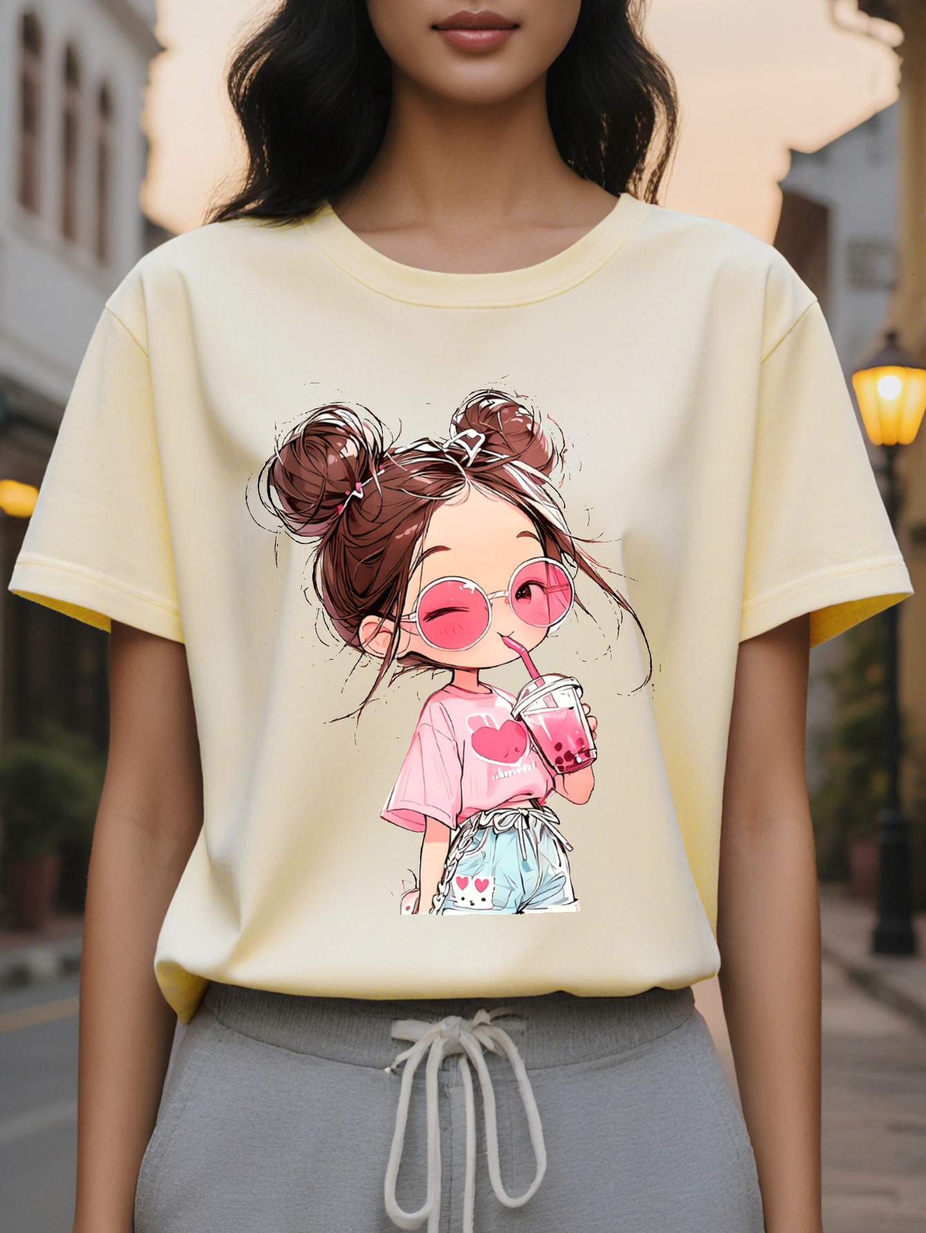 Large XL Women's Short Sleeve T-Shirt Cute Cartoon Print with Heart Glasses Drink Breathable Semi Sheer Round Neck Medium Plus Size
