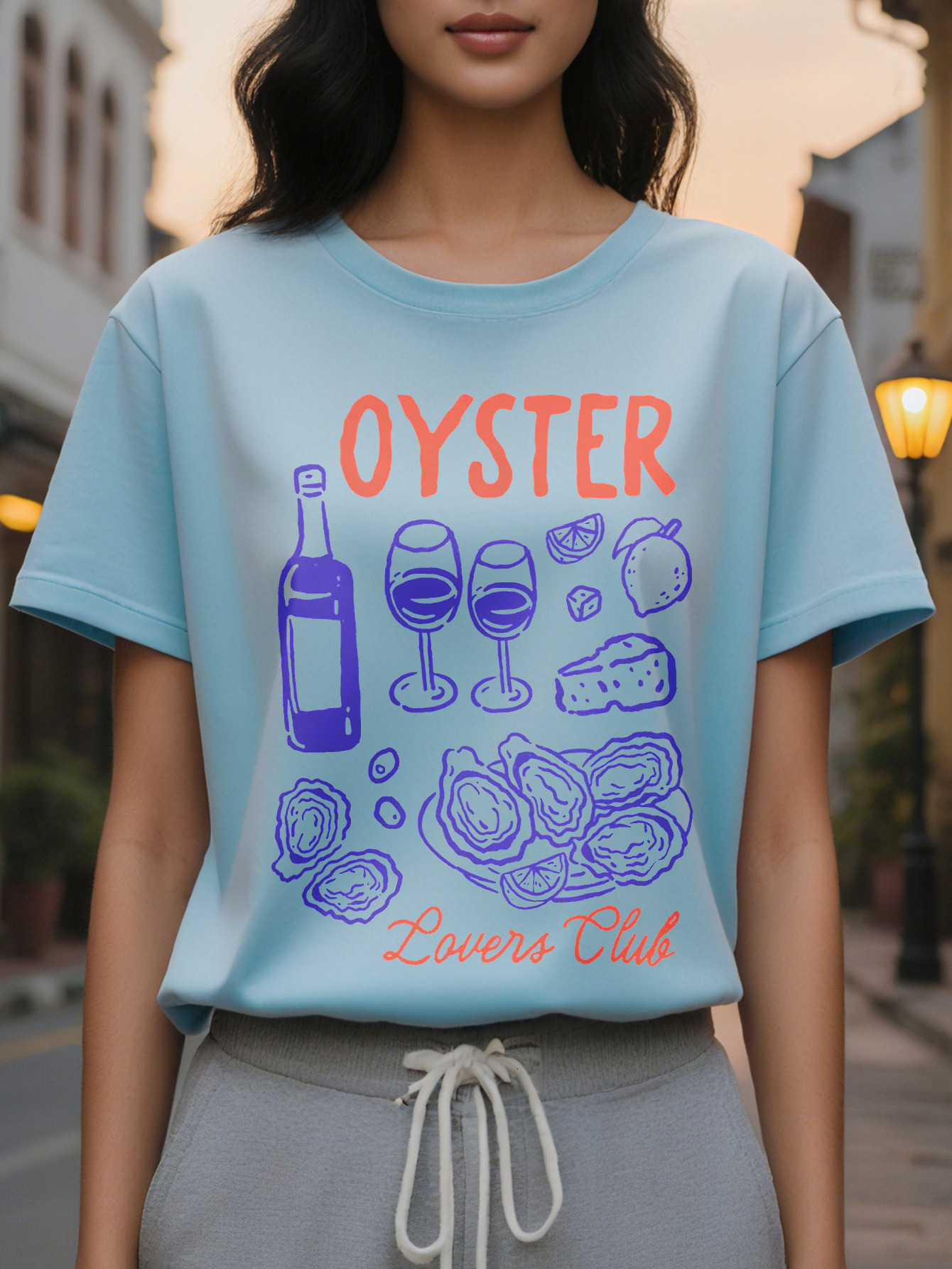 Women s Elegant Lovers Club T Shirt Sleeve Round Neck Casual Fashion Design with Wine Glass Oyster Pattern