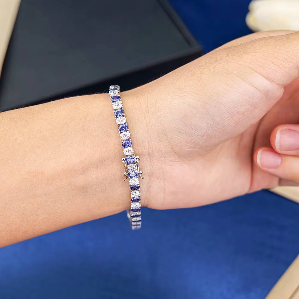 Wholesale 925 Sterling Silver Iced Out Moissanite Tennis Chain Bracelet D Color Blue Tanzanite VVS Hip Hop Style for Gift
