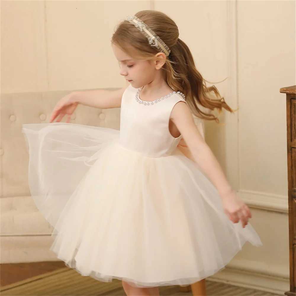 Toddler Girl Flower Birthday Tulle Pearl Dress Backless Bow Wedding Gown Baby Girl Bowknot Dresses Kid Party Wear Princess Dress Z250904