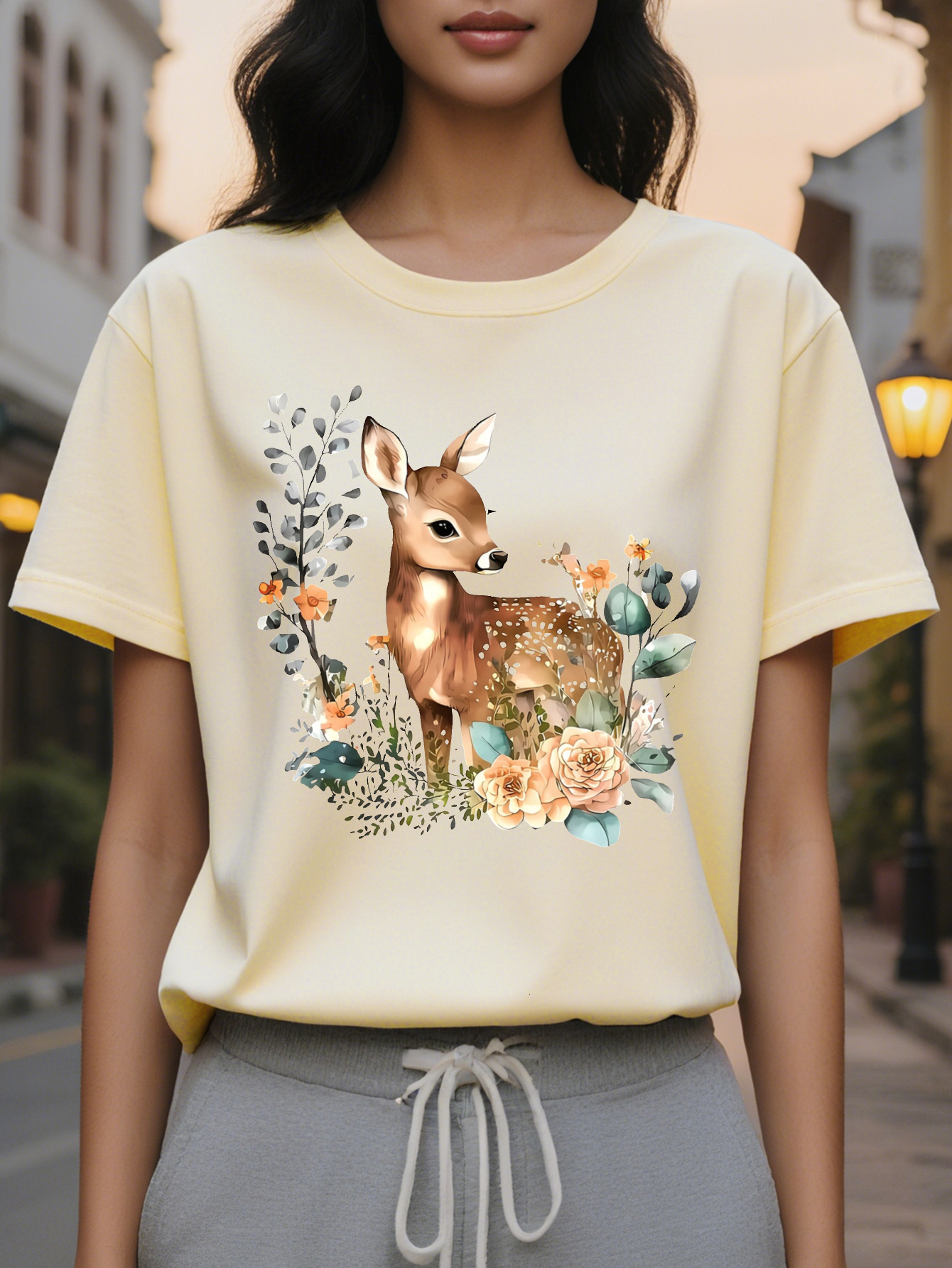 Women S Crew Neck T-Shirt and Print Short Sleeve SpringSummer Collection Cotton White with Brown Deer Design Casual